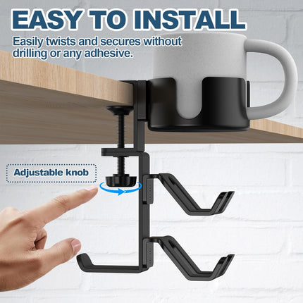 4 in 1 Desk Cup Holder with Headphone Hanger and Controller Stand Gaming Accessories, Universal Adjustable & Rotating Upgraded Arm Clamp for Coffee Mugs, Water Bottles, Headphones, Controller..