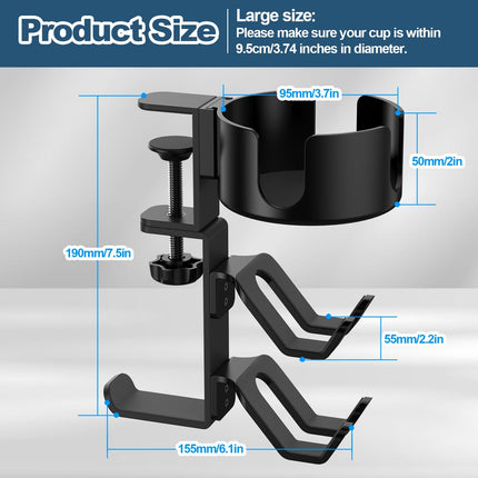 4 in 1 Desk Cup Holder with Headphone Hanger and Controller Stand Gaming Accessories, Universal Adjustable & Rotating Upgraded Arm Clamp for Coffee Mugs, Water Bottles, Headphones, Controller..