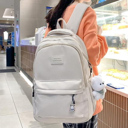 Female Lady High Capacity College Backpack Women Laptop School Bags Cute Girl Travel Book Bag Cool,Black,with Bear Doll.