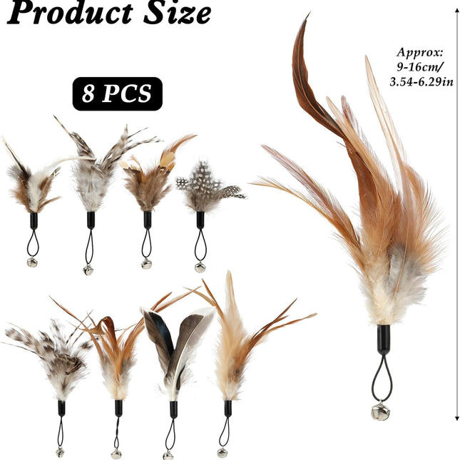 8 Pcs Cat Feather Toys with Bells, Feather Teaser Cat Toy, Replacement Feather Refills with Bells, Exerciser Playing Toy for Kitten or cat.