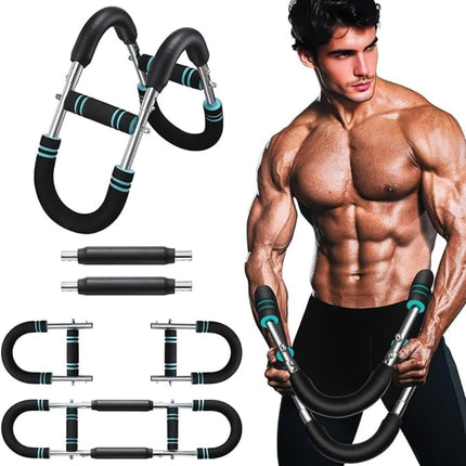 Twister arm, Forearm, Chest, Wrestling Strength Trainer, at Home Fitness Gym, for Men and Women. Portable Upper Body Workout Equipment. 60-90 Lbs Strength ( Black Padding with Blue Stripes).