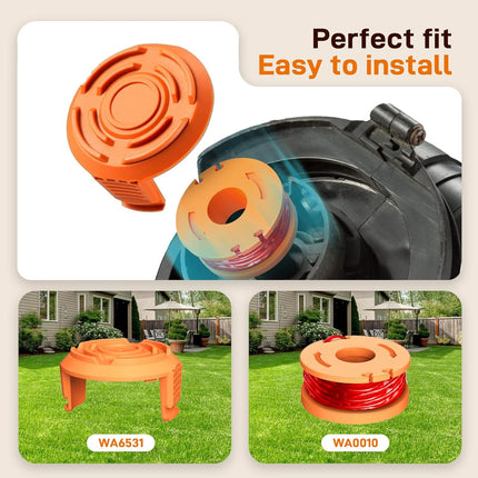 7Pack WA0010 WA0004 Replacement String Trimmer Spool Compatible with Worx WG154 WG162 WG163 WG170 WG151 WG180 Autofeed Weed Eater,Spool Line 10ft 0.065'' and WA6531 Cover Cap (6Spool + 1Cap).