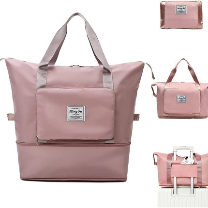 Foldable Travel Duffel Bag for Women, Large Capacity Folding Sports Gym Bag, Lightweight Waterproof Bag Holdall Tote Carry on Hand Luggage Overnight Weekender Bag Hospital Bag for Men Women (Pink).