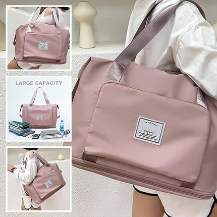 Foldable Travel Duffel Bag for Women, Large Capacity Folding Sports Gym Bag, Lightweight Waterproof Bag Holdall Tote Carry on Hand Luggage Overnight Weekender Bag Hospital Bag for Men Women (Pink).