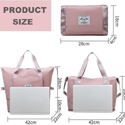 Foldable Travel Duffel Bag for Women, Large Capacity Folding Sports Gym Bag, Lightweight Waterproof Bag Holdall Tote Carry on Hand Luggage Overnight Weekender Bag Hospital Bag for Men Women (Pink).