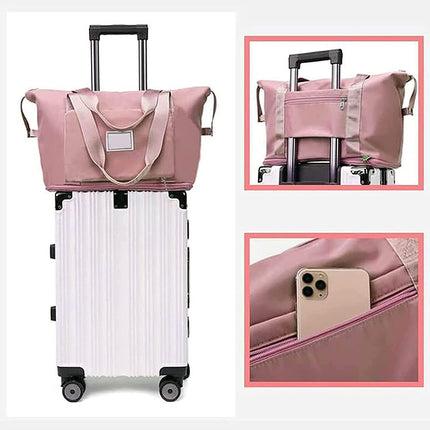 Foldable Travel Duffel Bag for Women, Large Capacity Folding Sports Gym Bag, Lightweight Waterproof Bag Holdall Tote Carry on Hand Luggage Overnight Weekender Bag Hospital Bag for Men Women (Pink).