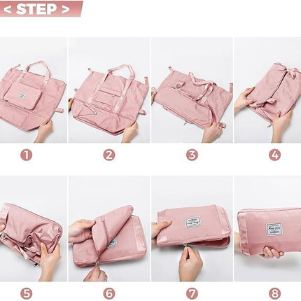 Foldable Travel Duffel Bag for Women, Large Capacity Folding Sports Gym Bag, Lightweight Waterproof Bag Holdall Tote Carry on Hand Luggage Overnight Weekender Bag Hospital Bag for Men Women (Pink).