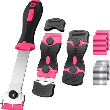 3 Pack Razor Blade Scraper Set, Includes 30 Plastic & 30 Metal Blades, Multi-Purpose Tool for Glass, Cooktop, Sticker Removal, Paint & Gum Cleaning (Pink).