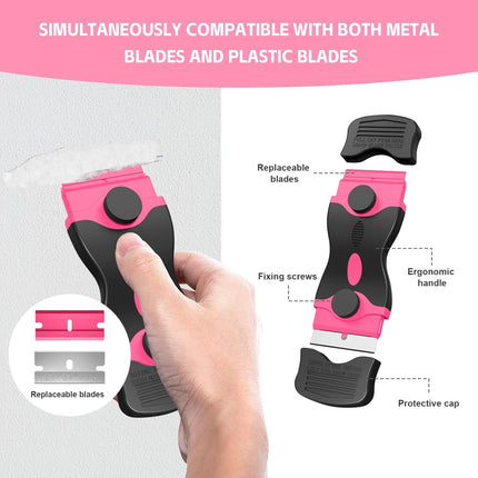 3 Pack Razor Blade Scraper Set, Includes 30 Plastic & 30 Metal Blades, Multi-Purpose Tool for Glass, Cooktop, Sticker Removal, Paint & Gum Cleaning (Pink).