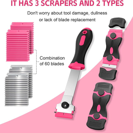 3 Pack Razor Blade Scraper Set, Includes 30 Plastic & 30 Metal Blades, Multi-Purpose Tool for Glass, Cooktop, Sticker Removal, Paint & Gum Cleaning (Pink).