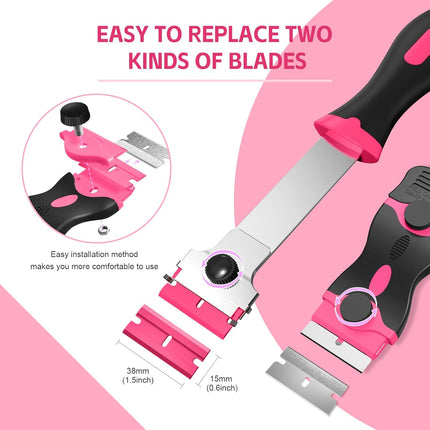 3 Pack Razor Blade Scraper Set, Includes 30 Plastic & 30 Metal Blades, Multi-Purpose Tool for Glass, Cooktop, Sticker Removal, Paint & Gum Cleaning (Pink).