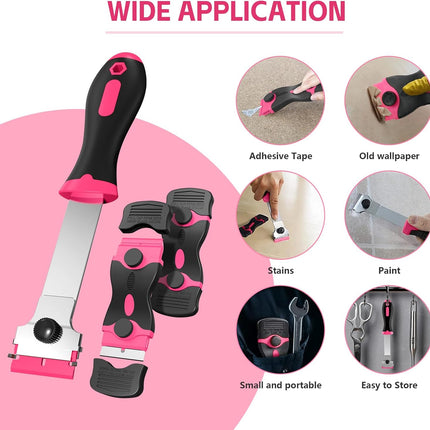 3 Pack Razor Blade Scraper Set, Includes 30 Plastic & 30 Metal Blades, Multi-Purpose Tool for Glass, Cooktop, Sticker Removal, Paint & Gum Cleaning (Pink).