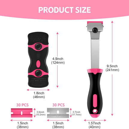 3 Pack Razor Blade Scraper Set, Includes 30 Plastic & 30 Metal Blades, Multi-Purpose Tool for Glass, Cooktop, Sticker Removal, Paint & Gum Cleaning (Pink).