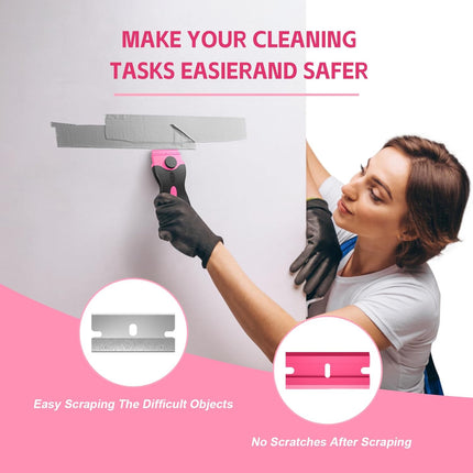 3 Pack Razor Blade Scraper Set, Includes 30 Plastic & 30 Metal Blades, Multi-Purpose Tool for Glass, Cooktop, Sticker Removal, Paint & Gum Cleaning (Pink).