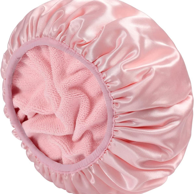 Terry Lined Shower Cap,Triple Layer Large Cap for Women,Shower Cap Reusable Waterproof,Long Thick Hair(Pink)