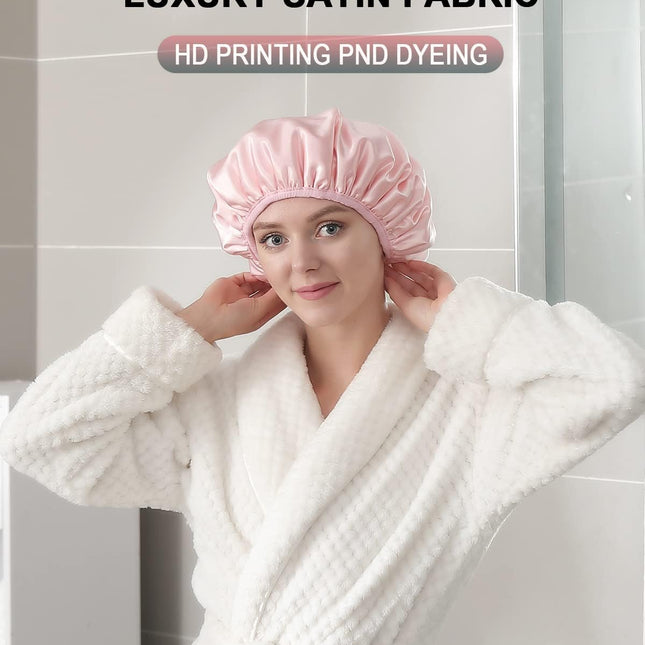 Terry Lined Shower Cap,Triple Layer Large Cap for Women,Shower Cap Reusable Waterproof,Long Thick Hair(Pink).