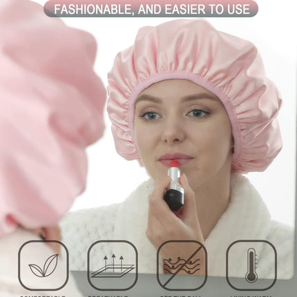 Terry Lined Shower Cap,Triple Layer Large Cap for Women,Shower Cap Reusable Waterproof,Long Thick Hair(Pink).