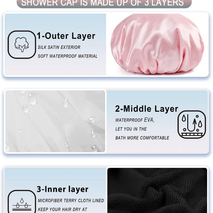 Terry Lined Shower Cap,Triple Layer Large Cap for Women,Shower Cap Reusable Waterproof,Long Thick Hair(Pink).