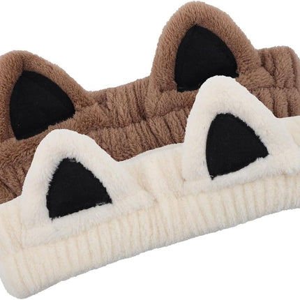 2Pcs Cat Ears Spa Headbands for Washing Face Makeup Skincare, Soft Coral Fleece Facial Wash Hair Accessories, Cute Animal Elastic Headband, Fuzzy Cartoon Hair Bands, Hairs Holder for Women.