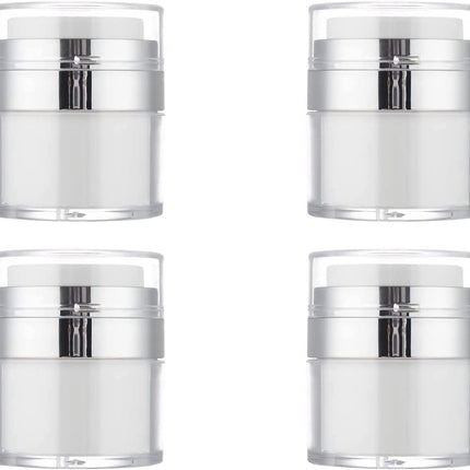 4Pack Empty Airless Pump Jar Portable Refillable Travel Size Cream Jar Vacuum Bottle Lotion Jar with Pump Lid for Skincare Cream, White, Vacuum with Lid Can Refill Cosmetics (100ml).