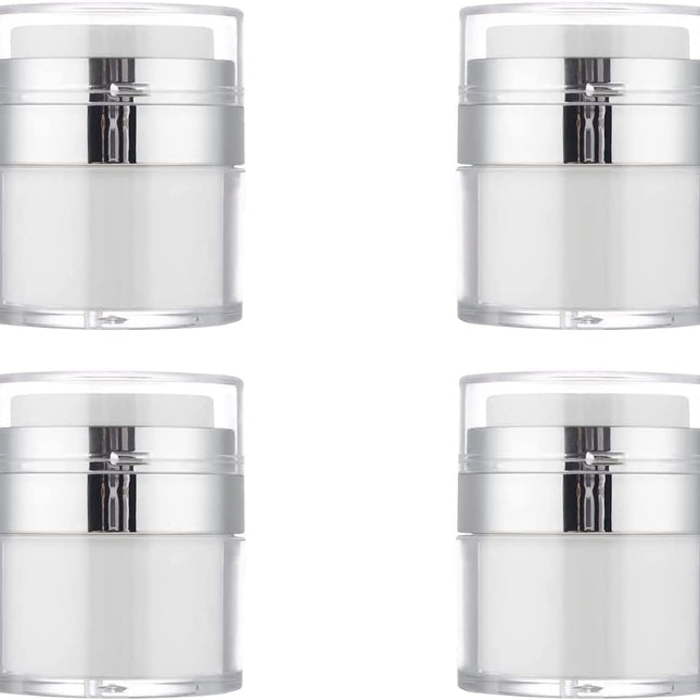 4Pack Empty Airless Pump Jar Portable Refillable Travel Size Cream Jar Vacuum Bottle Lotion Jar with Pump Lid for Skincare Cream, White, Vacuum with Lid Can Refill Cosmetics (100ml).