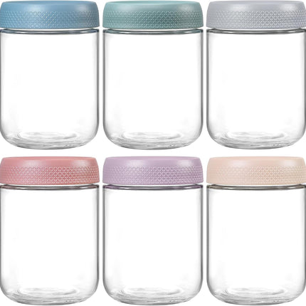 6-pack 16 oz Overnight Oats Containers with Lids, Glass jars Airtight Wide mouth Mason Salad jars, Food Storage for Snacks Yogurt Spice Sugar Multicolor- (6 Pack) -.