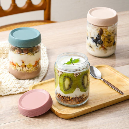 6-pack 16 oz Overnight Oats Containers with Lids, Glass jars Airtight Wide mouth Mason Salad jars, Food Storage for Snacks Yogurt Spice Sugar Multicolor- (6 Pack) -.