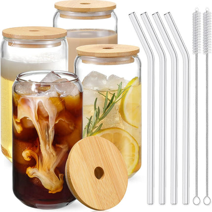 Drinking Glasses with Bamboo Lids and Glass Straw 4pcs Set - 16oz Cups, Iced Coffee Glasses, Cute iced Tea Beer Ideal for Bar Accessories, Aesthetic Gift 2 Brushes.