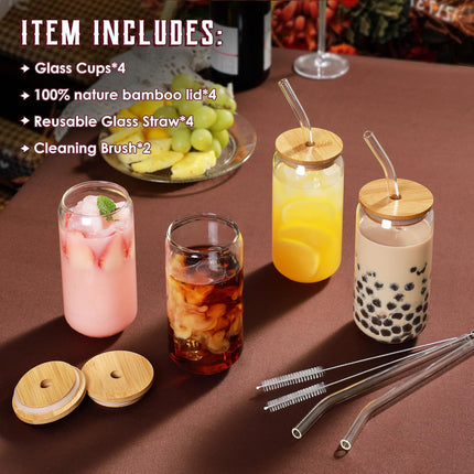 Drinking Glasses with Bamboo Lids and Glass Straw 4pcs Set - 16oz Cups, Iced Coffee Glasses, Cute iced Tea Beer Ideal for Bar Accessories, Aesthetic Gift 2 Brushes.