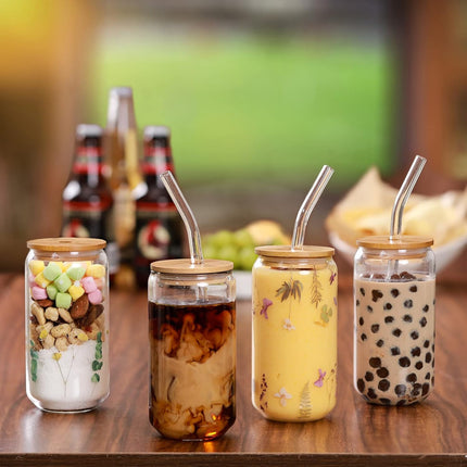 Drinking Glasses with Bamboo Lids and Glass Straw 4pcs Set - 16oz Cups, Iced Coffee Glasses, Cute iced Tea Beer Ideal for Bar Accessories, Aesthetic Gift 2 Brushes.
