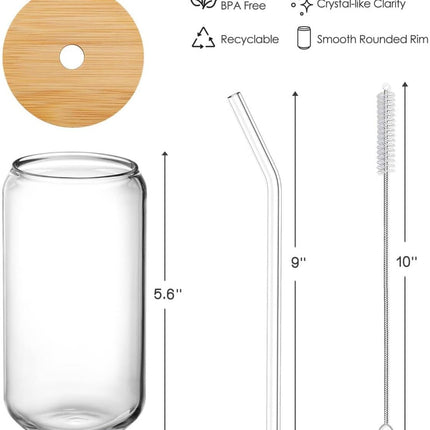 Drinking Glasses with Bamboo Lids and Glass Straw 4pcs Set - 16oz Cups, Iced Coffee Glasses, Cute iced Tea Beer Ideal for Bar Accessories, Aesthetic Gift 2 Brushes.
