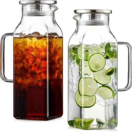 2 Pack Liters/68 oz Square Glass Pitcher with Lid and Handle for Fridge, Iced Tea Coffee Carafe Beverage Serveware, Heat Resistant Borosilicate Water Jug Hot/Cold Drinks Milk - 68 Clear.