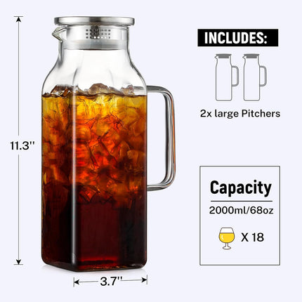 2 Pack Liters/68 oz Square Glass Pitcher with Lid and Handle for Fridge, Iced Tea Coffee Carafe Beverage Serveware, Heat Resistant Borosilicate Water Jug Hot/Cold Drinks Milk - 68 Clear.