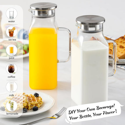 2 Pack Liters/68 oz Square Glass Pitcher with Lid and Handle for Fridge, Iced Tea Coffee Carafe Beverage Serveware, Heat Resistant Borosilicate Water Jug Hot/Cold Drinks Milk - 68 Clear.