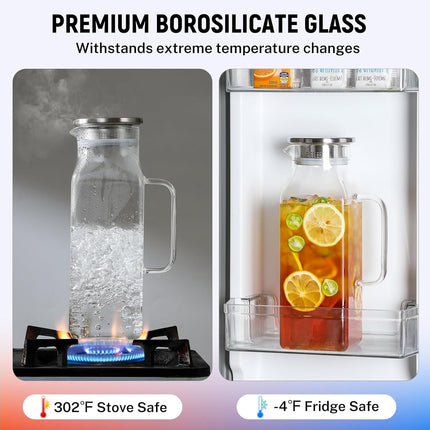 2 Pack Liters/68 oz Square Glass Pitcher with Lid and Handle for Fridge, Iced Tea Coffee Carafe Beverage Serveware, Heat Resistant Borosilicate Water Jug Hot/Cold Drinks Milk - 68 Clear.