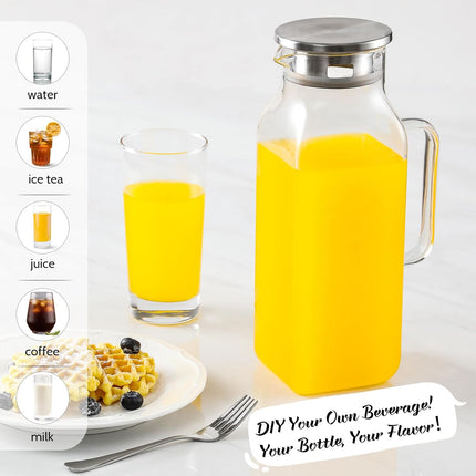 2 Quart (2 Liter 68 oz) Square Glass Pitcher with Lid and Spout, Water Pitchers Handle for Fridge, Borosilicate Carafe Hot/Cold Drink, Large Jug Iced Tea, Coffee,Juice,Milk,Beverage Clear 67.6 Ounces.
