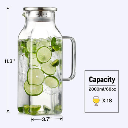 2 Quart (2 Liter 68 oz) Square Glass Pitcher with Lid and Spout, Water Pitchers Handle for Fridge, Borosilicate Carafe Hot/Cold Drink, Large Jug Iced Tea, Coffee,Juice,Milk,Beverage Clear 67.6 Ounces.
