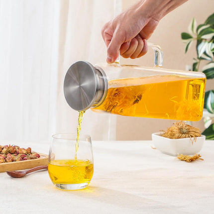 2 Quart (2 Liter 68 oz) Square Glass Pitcher with Lid and Spout, Water Pitchers Handle for Fridge, Borosilicate Carafe Hot/Cold Drink, Large Jug Iced Tea, Coffee,Juice,Milk,Beverage Clear 67.6 Ounces.
