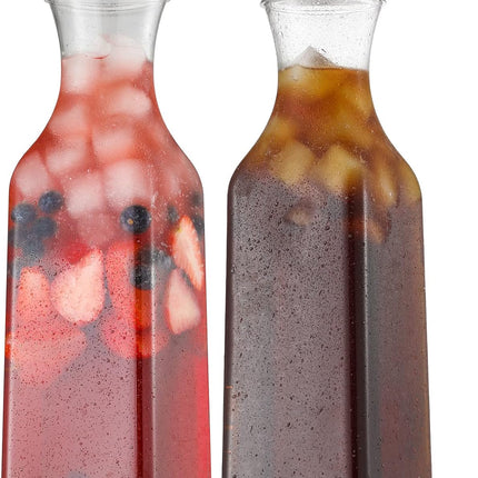 Plastic 50 Oz Water Carafe with Flip Top Lid, Set of 2 Square Base Juice Containers, Clear Pitcher - for Water, Iced Tea, Juice, Beverage, Cold Brew and Mimosa Bar HAND WASH ONLY PACK.