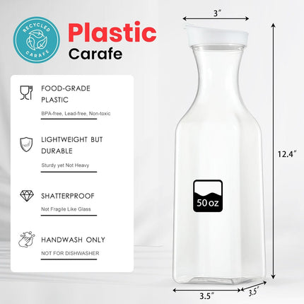 Plastic 50 Oz Water Carafe with Flip Top Lid, Set of 2 Square Base Juice Containers, Clear Pitcher - for Water, Iced Tea, Juice, Beverage, Cold Brew and Mimosa Bar HAND WASH ONLY PACK.