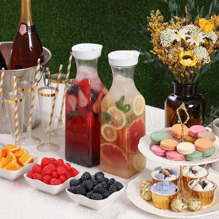Plastic 50 Oz Water Carafe with Flip Top Lid, Set of 2 Square Base Juice Containers, Clear Pitcher - for Water, Iced Tea, Juice, Beverage, Cold Brew and Mimosa Bar HAND WASH ONLY PACK.