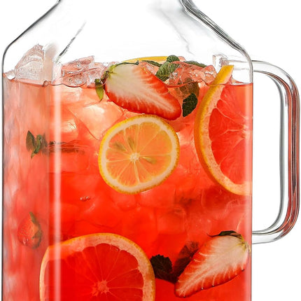 1 Gallon Square Glass Pitcher with Lid and Spout, Borosilicate Carafe for Hot/Cold Drink, Water Pitchers Handle Fridge, Extra Large Jug Iced Tea, Coffee, Juice, Beverage Clear -.