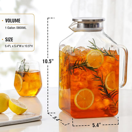 1 Gallon Square Glass Pitcher with Lid and Spout, Borosilicate Carafe for Hot/Cold Drink, Water Pitchers Handle Fridge, Extra Large Jug Iced Tea, Coffee, Juice, Beverage Clear -.