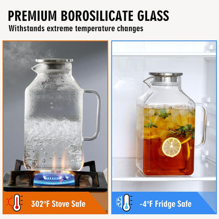 1 Gallon Square Glass Pitcher with Lid and Spout, Borosilicate Carafe for Hot/Cold Drink, Water Pitchers Handle Fridge, Extra Large Jug Iced Tea, Coffee, Juice, Beverage Clear -.