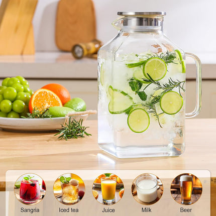 1 Gallon Square Glass Pitcher with Lid and Spout, Borosilicate Carafe for Hot/Cold Drink, Water Pitchers Handle Fridge, Extra Large Jug Iced Tea, Coffee, Juice, Beverage Clear -.
