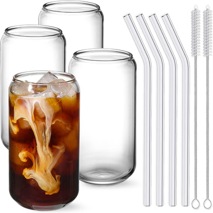 Drinking Glasses with Glass Straw 4pcs Set - 16oz Highball Cups, Beer Glasses, Iced Coffee Cute Tumbler Cup, Ideal for Whiskey, Soda, Tea, Water, Gift, 2 Brushes.