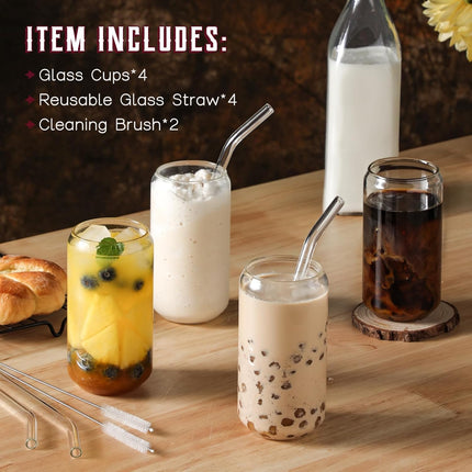 Drinking Glasses with Glass Straw 4pcs Set - 16oz Highball Cups, Beer Glasses, Iced Coffee Cute Tumbler Cup, Ideal for Whiskey, Soda, Tea, Water, Gift, 2 Brushes.