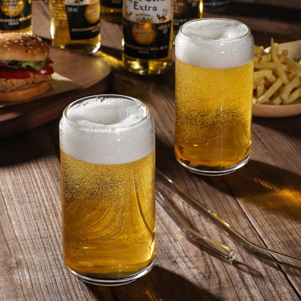 Drinking Glasses with Glass Straw 4pcs Set - 16oz Highball Cups, Beer Glasses, Iced Coffee Cute Tumbler Cup, Ideal for Whiskey, Soda, Tea, Water, Gift, 2 Brushes.
