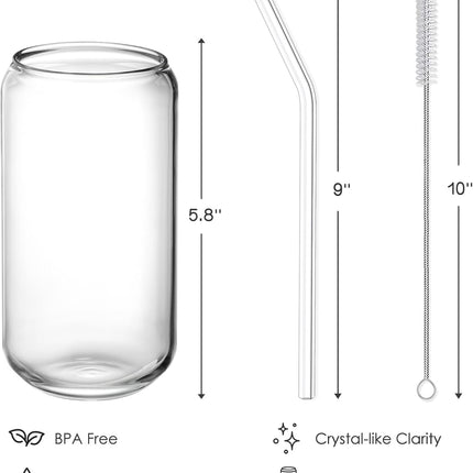 Drinking Glasses with Glass Straw 4pcs Set - 16oz Highball Cups, Beer Glasses, Iced Coffee Cute Tumbler Cup, Ideal for Whiskey, Soda, Tea, Water, Gift, 2 Brushes.