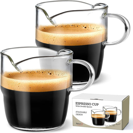 6 OZ Espresso Cups Set of 2, Double Spouts Stackable Cups, Shots Glass Mugs with Handle, Machine Accessories for Coffee Bar, Cute Clear Glasses Gift -.